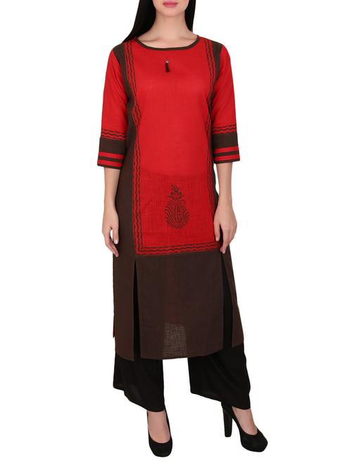 red cotton straight kurta - 15078505 - Very Small Image - 1