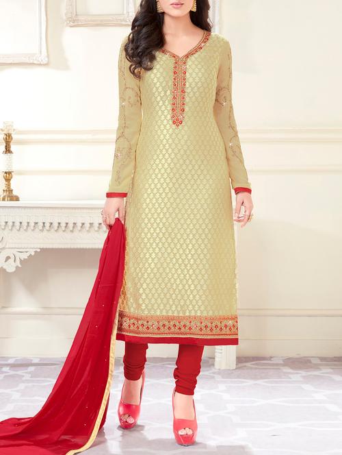 beige georgette semi-stitched churidaar suits - 15080527 - Very Small Image - 1