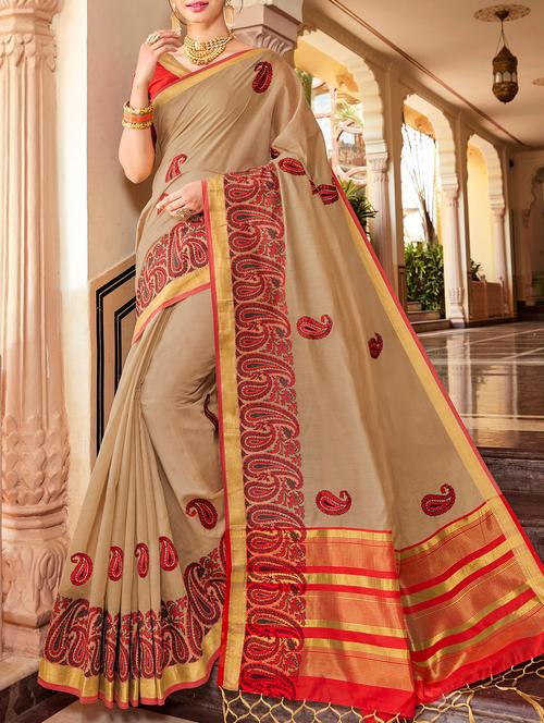 beige silk banarasi saree with blouse - 15080821 - Very Small Image - 1