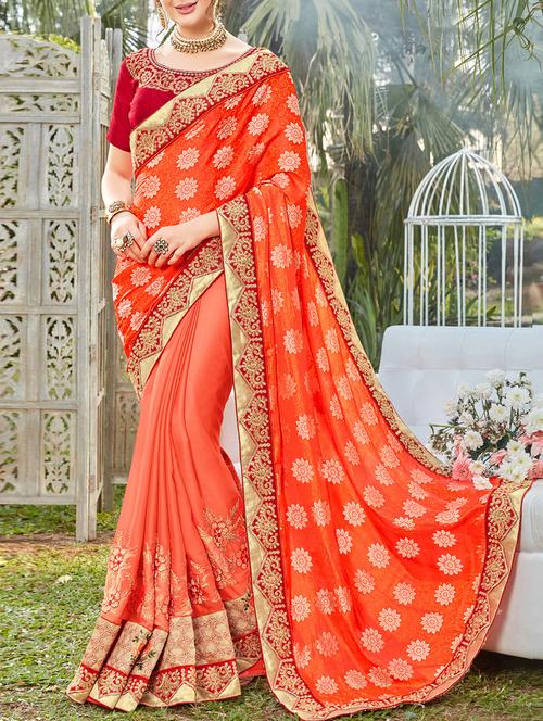 orange silk embroidered saree with blouse - 15080824 - Very Small Image - 1