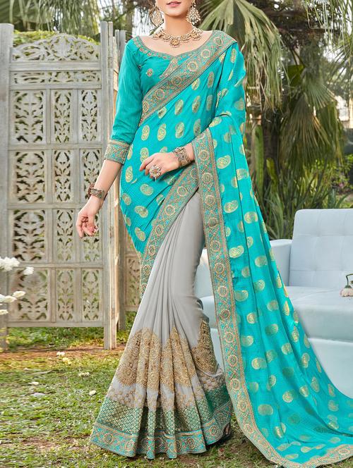 turquoise half and half saree with blouse - 15080829 - Very Small Image - 1