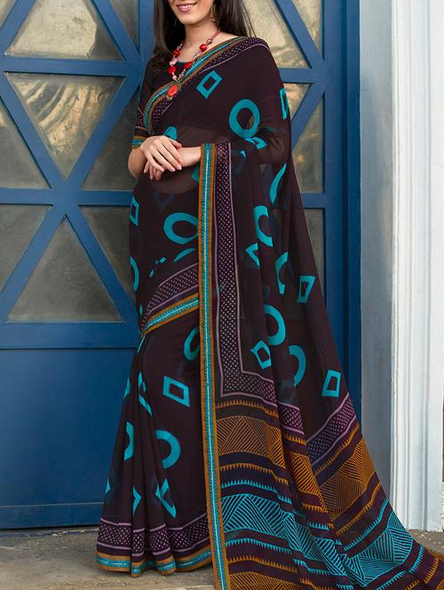 brown georgette printed saree with blouse - 15082384 - Very Small Image - 1