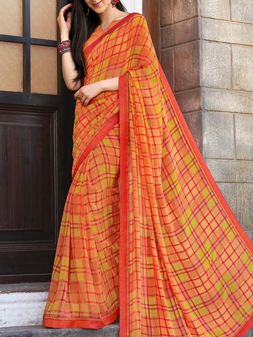 orange georgette printed saree with blouse - 15082392 - Very Small Image - 1