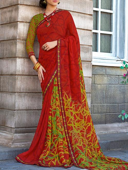 red georgette printed saree with blouse - 15082397 - Very Small Image - 1