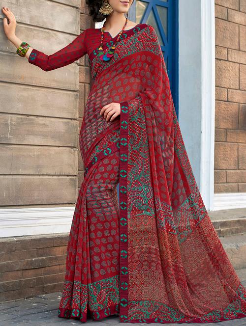 maroon georgette printed saree with blouse - 15082402 - Very Small Image - 1