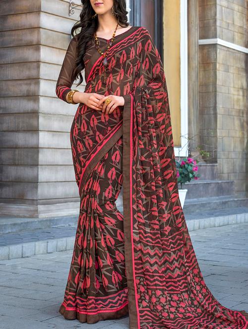 brown georgette printed saree with blouse - 15082403 - Very Small Image - 1