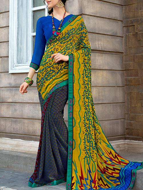 yellow georgette printed saree with blouse - 15082405 - Very Small Image - 1