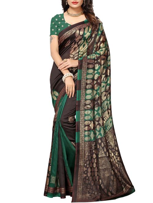 brown silk blend printed saree with blouse - 15083062 - Very Small Image - 1