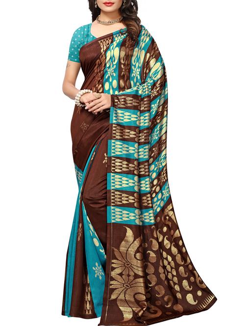 brown silk blend printed saree with blouse - 15083066 - Very Small Image - 1