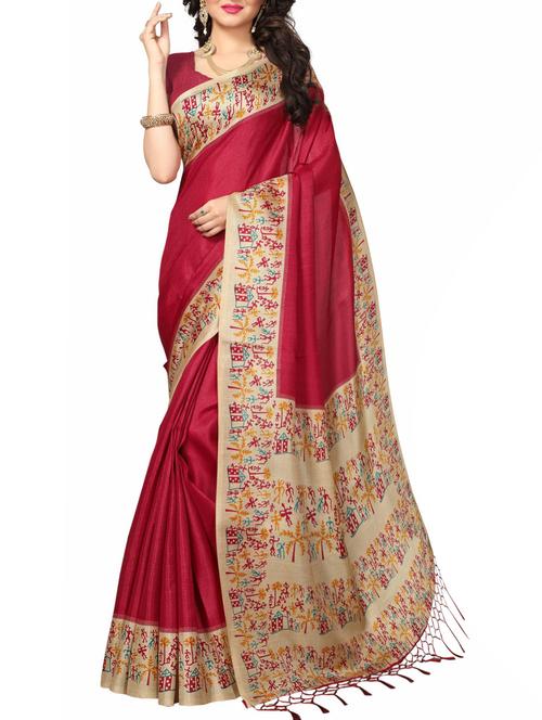 maroon khadi maheshwari saree with blouse - 15083073 - Very Small Image - 1