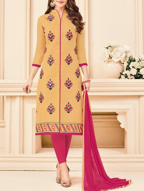 beige embroidered unstitched churidaar suits - 15083090 - Very Small Image - 1