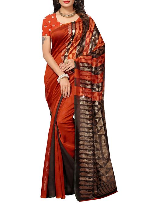 orange silk blend printed saree with blouse - 15083099 - Very Small Image - 1