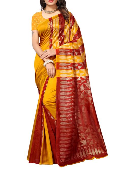 mustard silk blend printed saree with blouse - 15083101 - Very Small Image - 1