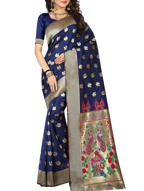 blue banarasi silk saree with blouse - 15084017 - Very Small Image - 1