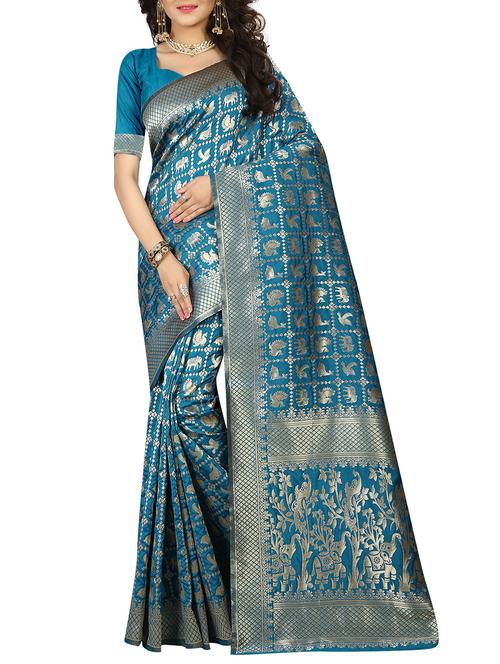 turquoise banarasi silk saree with blouse - 15084023 - Very Small Image - 1
