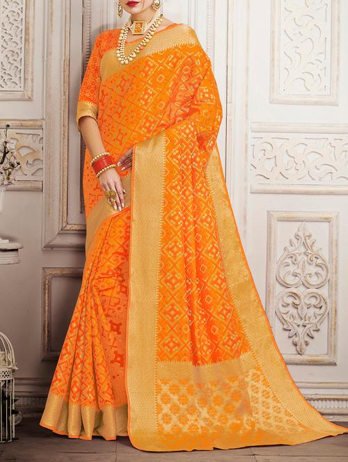 orange patola silk saree with blouse - 15084031 - Very Small Image - 1