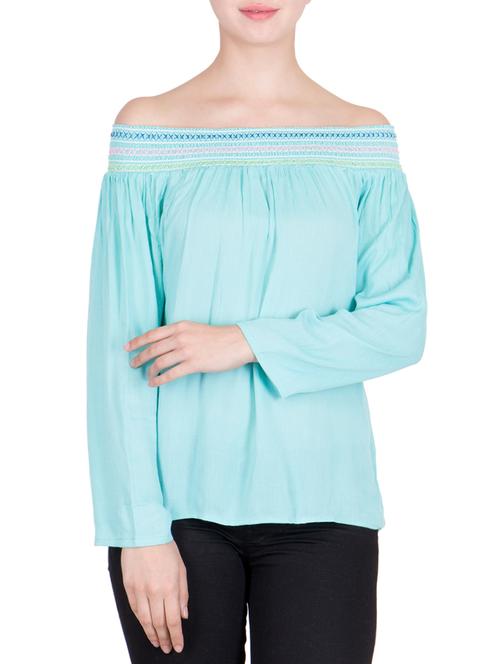 blue solid cotton off shoulder top - 15085982 - Very Small Image - 1