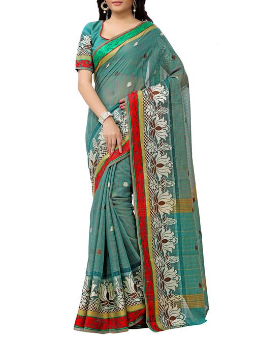 turquoise cotton blend woven saree - 15086045 - Very Small Image - 1