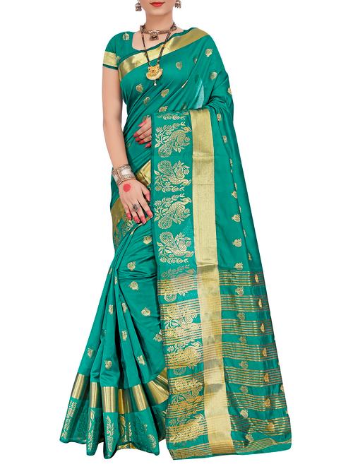 turquoise silk blend banarasi saree - 15086153 - Very Small Image - 1