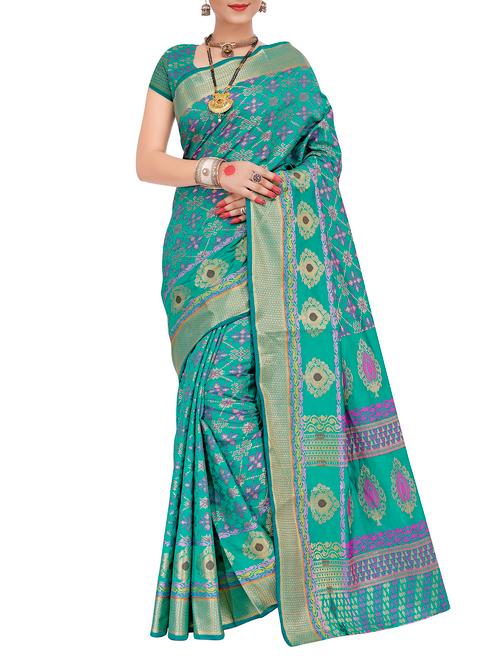 turquoise blue silk blend patola saree - 15086178 - Very Small Image - 1