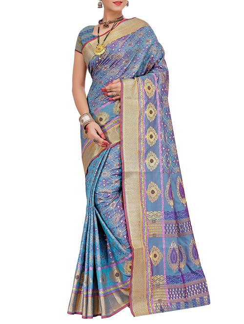 sky blue silk blend patola saree - 15086182 - Very Small Image - 1