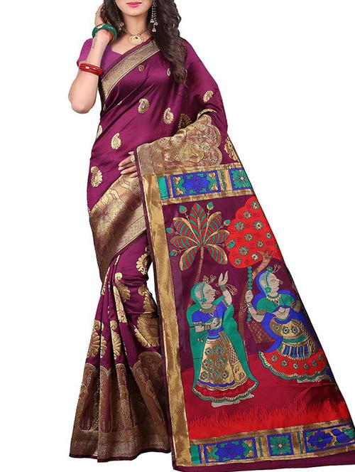 magenta silk blend banarasi saree with blouse - 15086191 - Very Small Image - 1