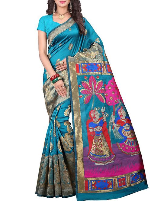 turquoise silk blend banarasi saree - 15086193 - Very Small Image - 1