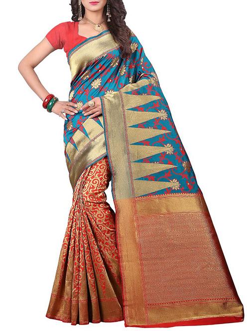 turquoise silk blend banarasi saree - 15086202 - Very Small Image - 1