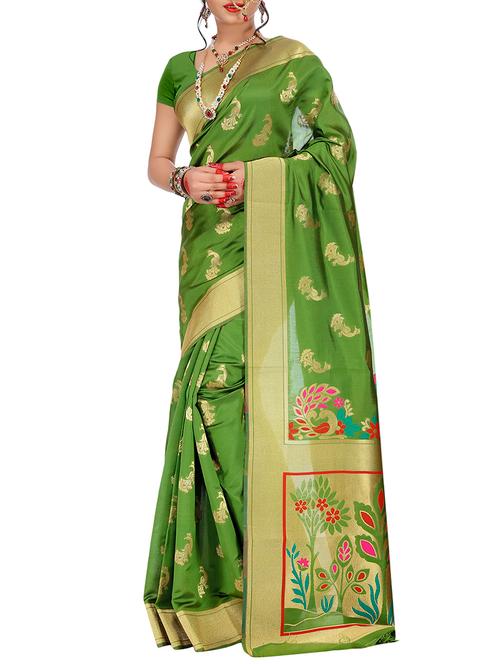 mehandi silk blend banarasi saree - 15086207 - Very Small Image - 1