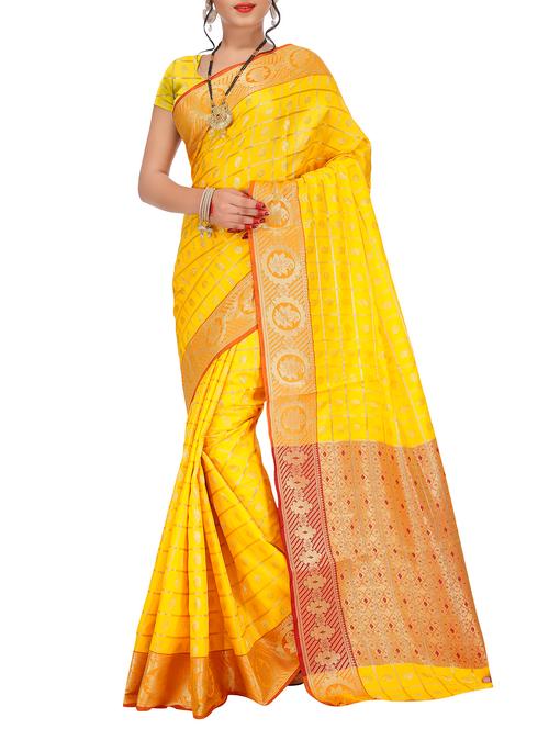 yellow banarasi silk saree - 15086242 - Very Small Image - 1
