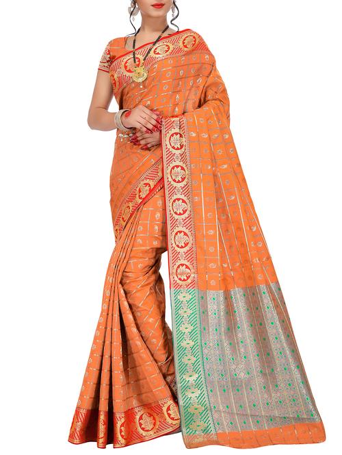 orange banarasi silk saree - 15086245 - Very Small Image - 1