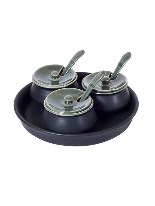 ceramic hand crafted chutney bowl set with base tray (set of 3) - 15086667 - Very Small Image - 1
