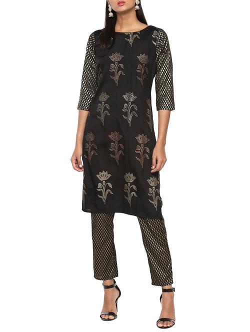 black raw silk straight kurta - 15086732 - Very Small Image - 1