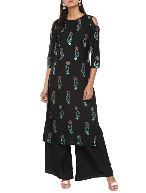black crepe straight kurta - 15086740 - Very Small Image - 1