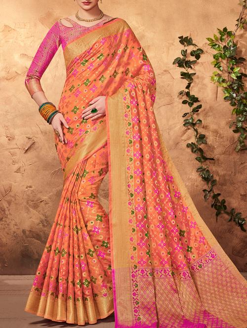 orange pure silk jacquard woven saree with blouse - 15087664 - Very Small Image - 1