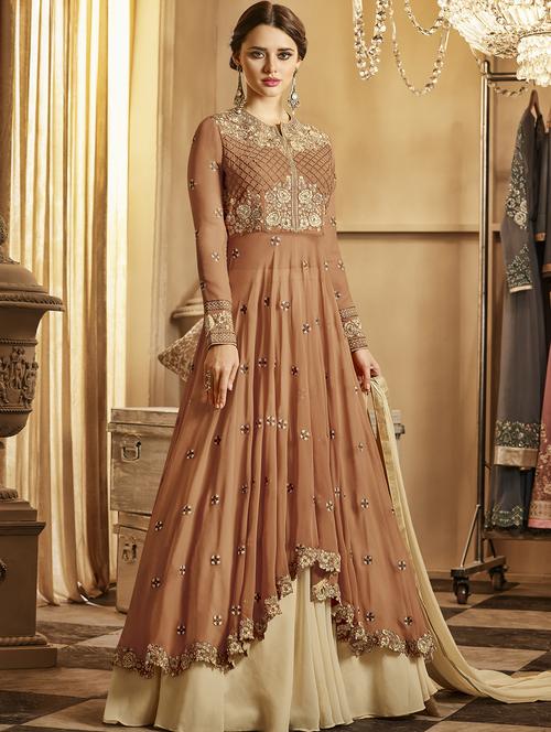 beige georgette embroidered semi-stitched asymmetric suit - 15087717 - Very Small Image - 1