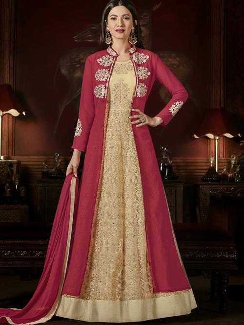 cream georgette embroidered semi-stitched anarkali suit - 15087722 - Very Small Image - 1