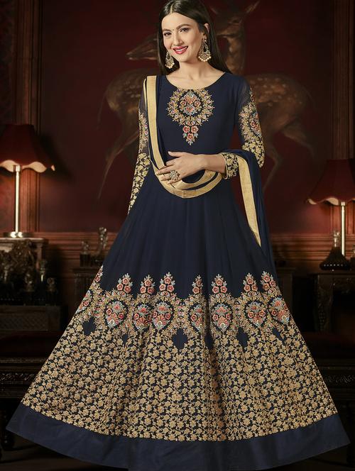 blue georgette embroidered semi-stitched anarkali suit - 15087726 - Very Small Image - 1