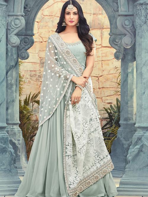 blue georgette semi-stitched anarkali suit - 15087730 - Very Small Image - 1