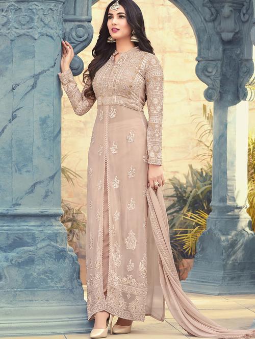 beige embroidered georgette semi-stitched straight pant suit - 15087732 - Very Small Image - 1