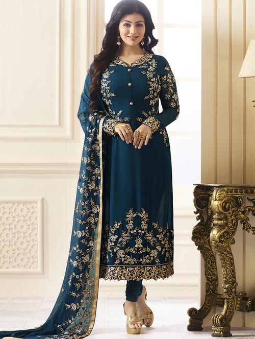turquoise georgette semi-stitched churidaar suit - 15087739 - Very Small Image - 1