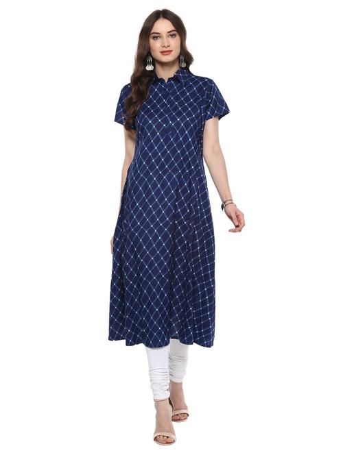 blue cotton a-line kurta - 15087906 - Very Small Image - 1