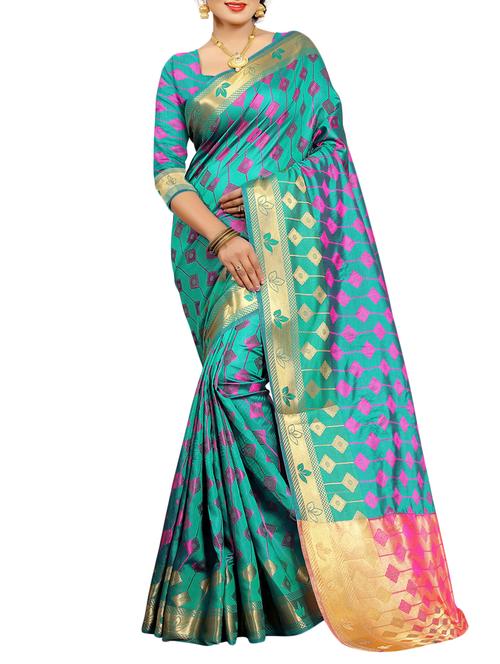 turquoise art silk saree with blouse - 15088153 - Very Small Image - 1