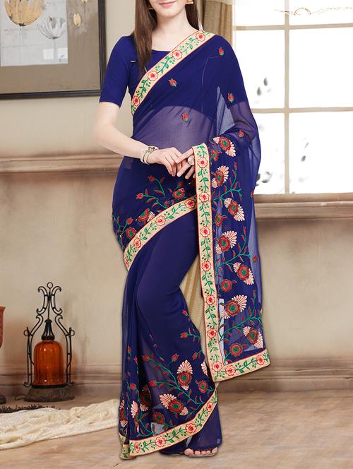 blue embroidered saree with blouse - 15090124 - Very Small Image - 1