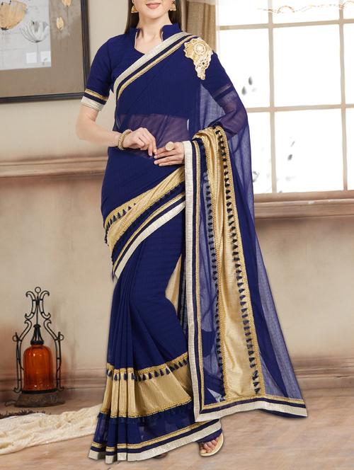 blue bordered saree with blouse - 15090125 - Very Small Image - 1