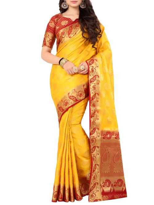 yellow art silk banarasi saree - 15090180 - Very Small Image - 1