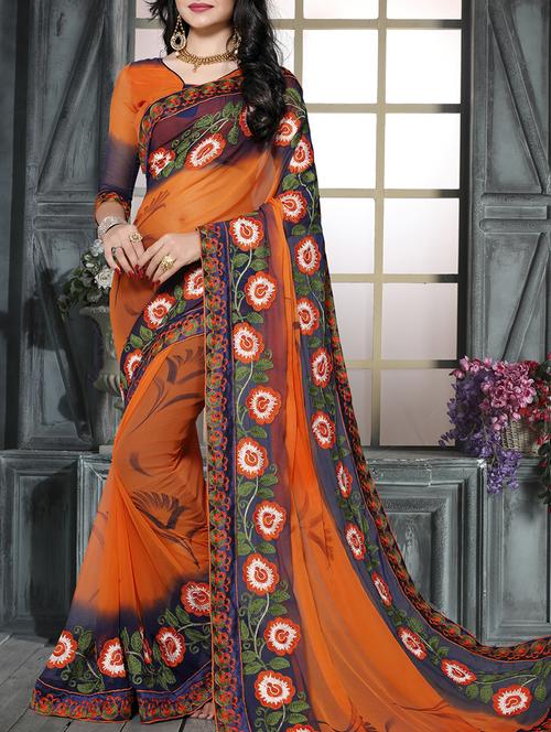 orange printed saree with blouse - 15090608 - Very Small Image - 1