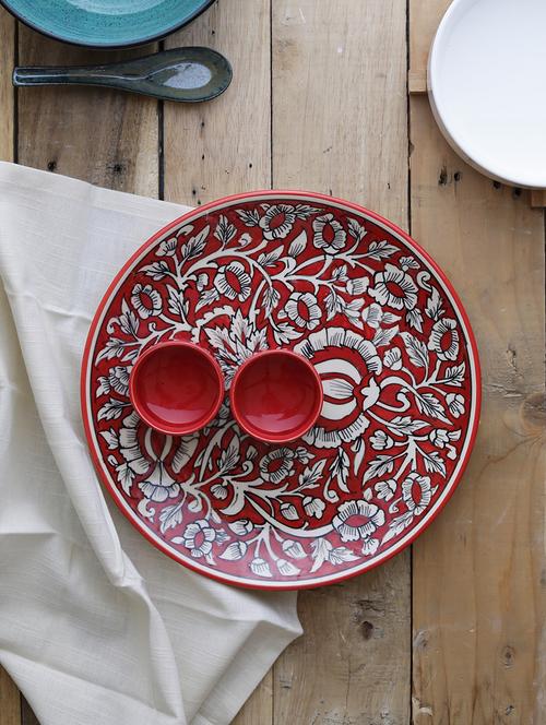 ceramic designer floral platter with attached bowls: classy red and white color - 15090777 - Very Small Image - 1