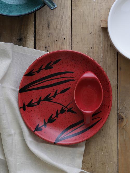 ceramic designer floral platter with attached bowl: classy red and black color - 15090778 - Very Small Image - 1