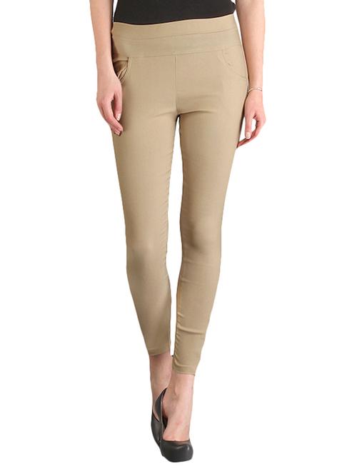solid beige cotton lycra jegging - 15091594 - Very Small Image - 1